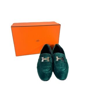 SOLD Hermès Velvet Paris Loafers in Vert Fonce with Palladium H Detail